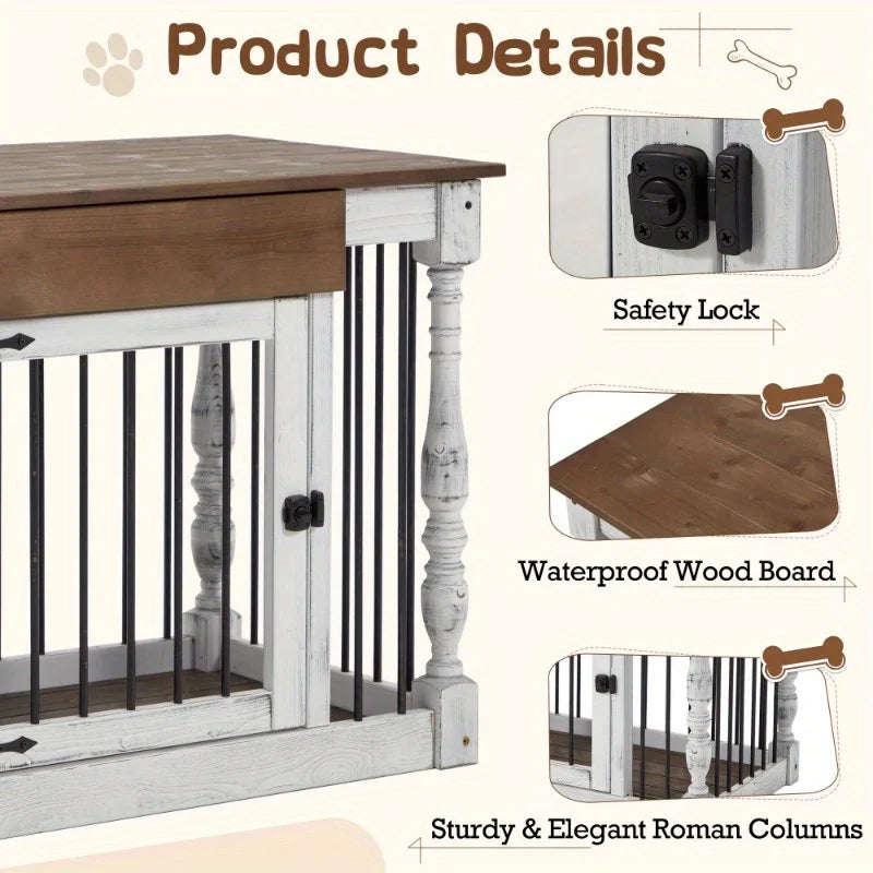 39" Wood Dog Crate End Table for Small & Medium Dogs, Elegant Indoor Kennel Furniture with Roman Column Design, White