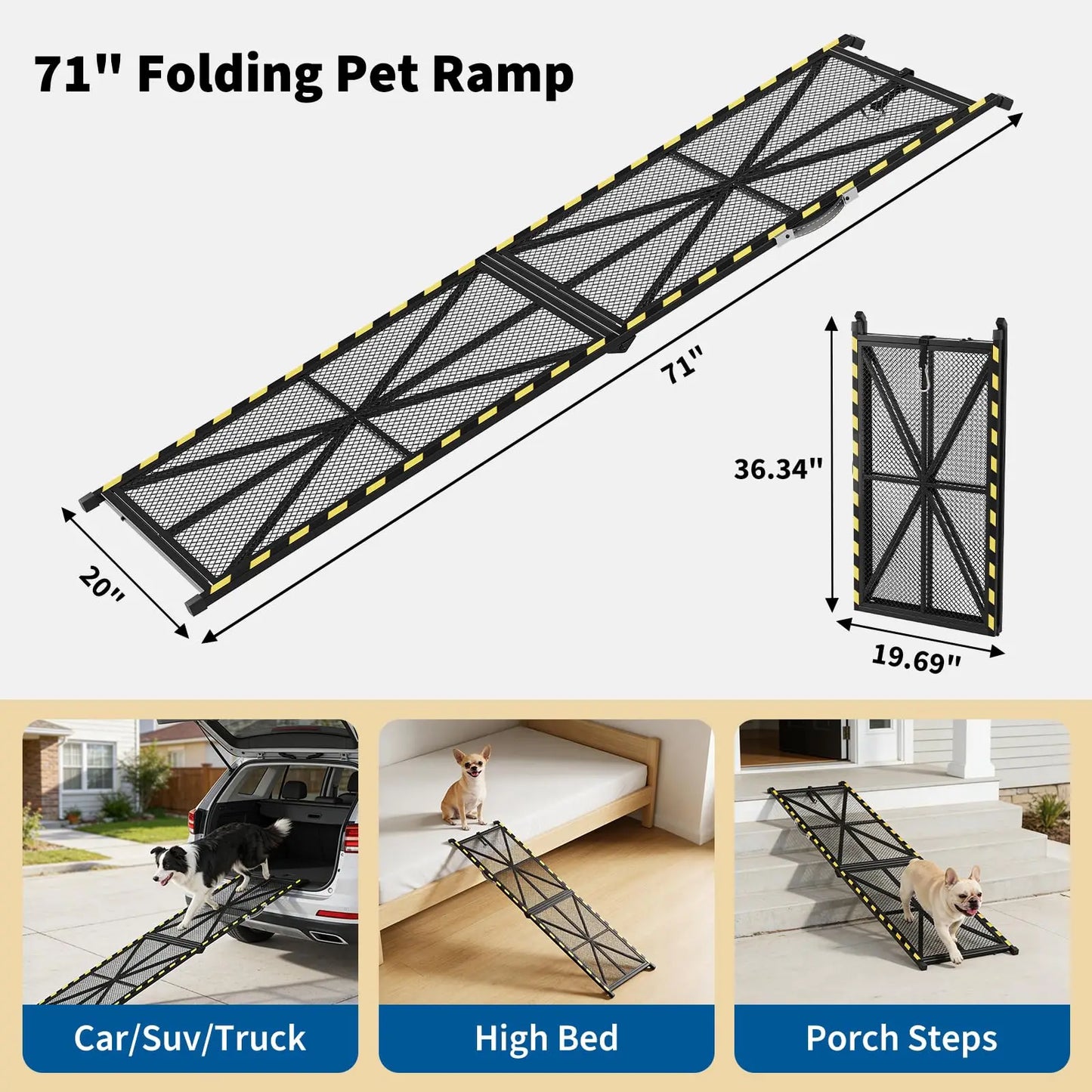 71in x 17in/20in Folding Dog Ramp For SUV Pickup Truck RV, Heavy Duty Steel Pet Ramp 300lb, Non-Slip Car Ramp For Large Dogs