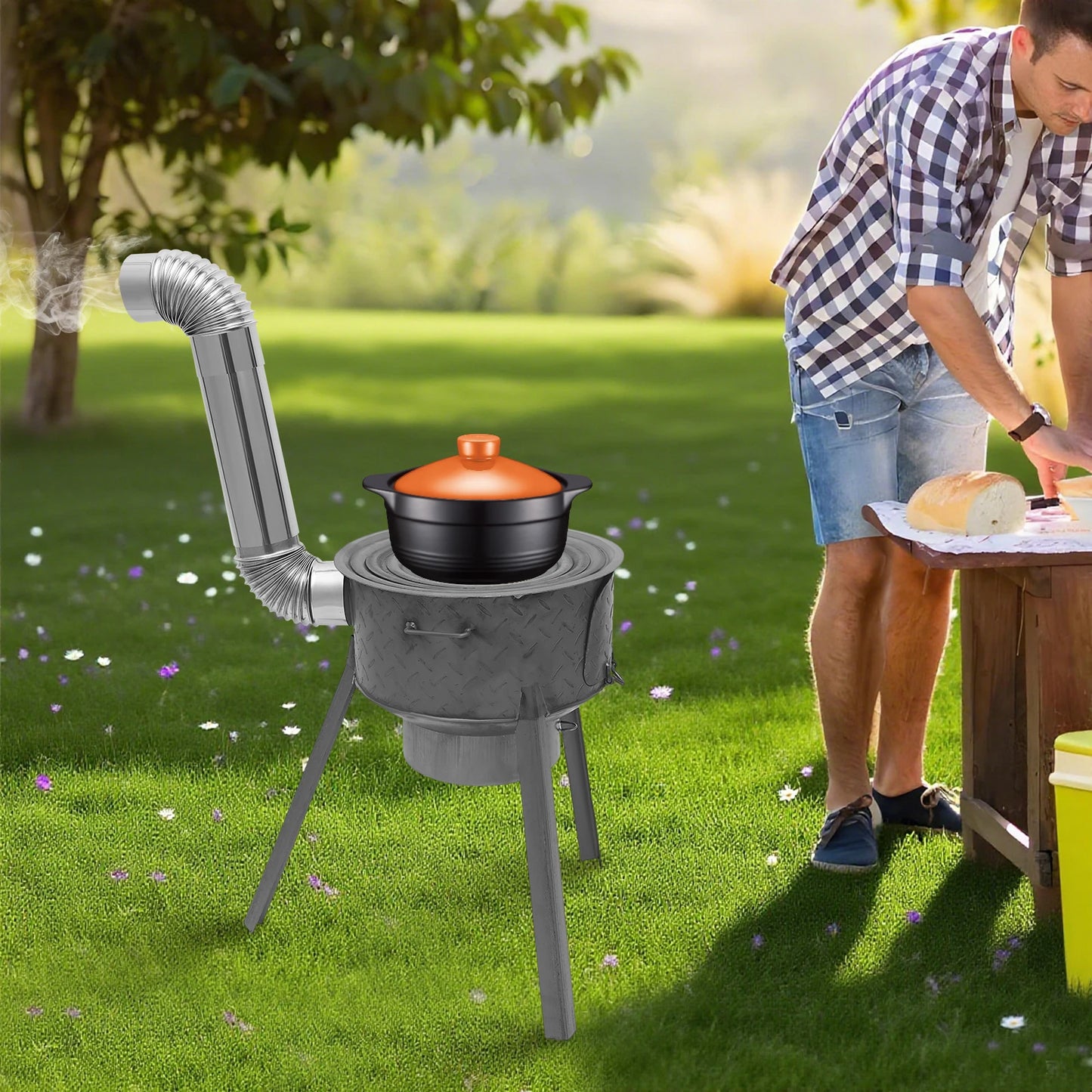 Portable Wood Burning Stove with 3 Wok Rings – Heavy-Duty Steel Construction, 220lbs Load Capacity, Tripod Stable Design, Includes Chimney, Ashtray, Grill Grate & Tools, Perfect for Outdoor Cooking, Camping, BBQ, Boiling, S