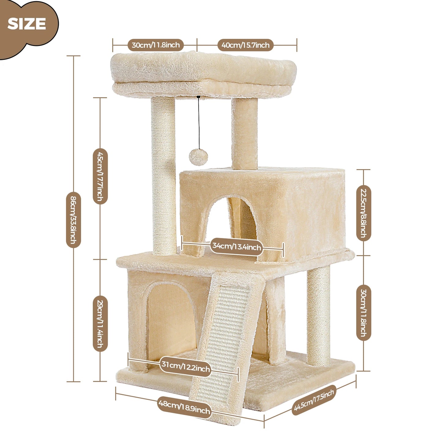 Cat Tree with Natural Sisal Scratching Post, Comfortable Condo, Spacious Top Perch, Cat Accessories, Toy, Cat Tower for Indoor Cats