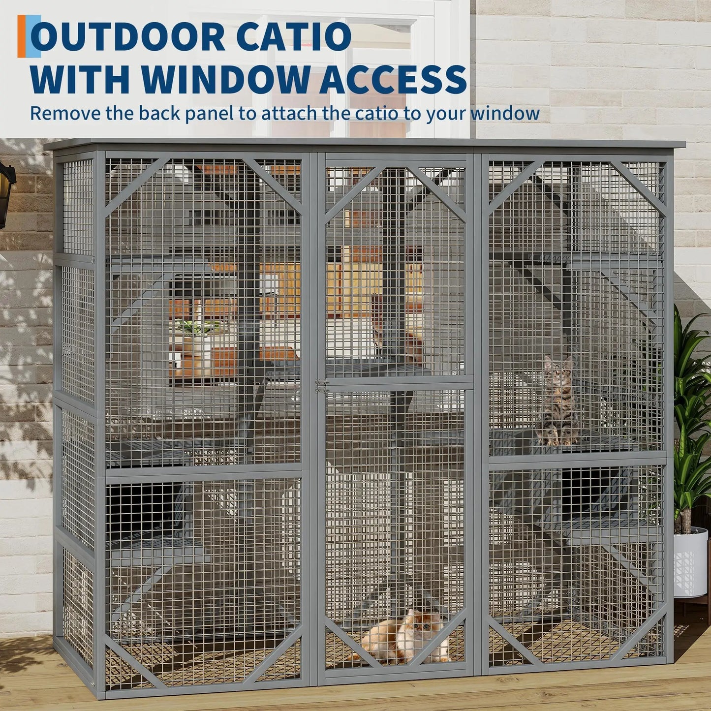 Extra Large Walk-in Catio Outdoor Enclosure Weather-Resistant Cedar Multi-Level House With Window & Locking Doors For Cats