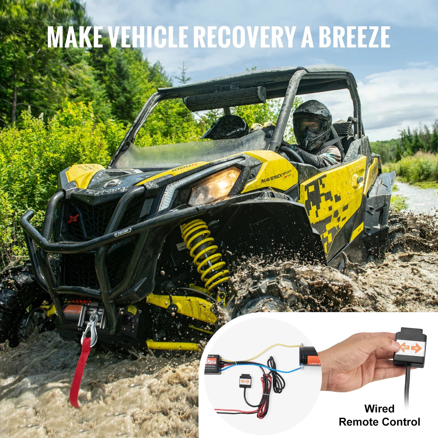 3000lbs ATV/UTV Electric Winch 12V DC Steel Rope Winch with  39ft Cable Roller Wired Remote Control for Towing Off-Road