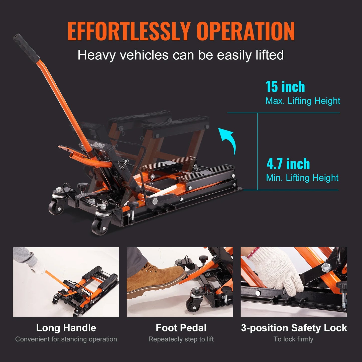 1500 LBS Steel Hydraulic Motorcycle Jack Stand ATV Scissor Lift Jack Scissor Lift Jack Stand with 4 Wheels for ATV UTVs