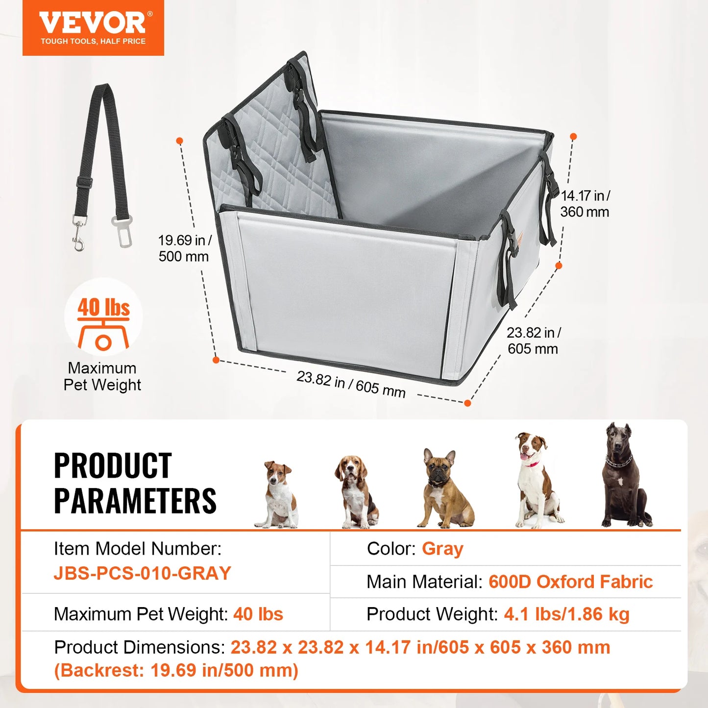 Dog Car Seat Waterproof Dog Booster Seat Pet Car Seat with Clip-On Safety Leash PP Cotton Car Bed for Medium Large Dog