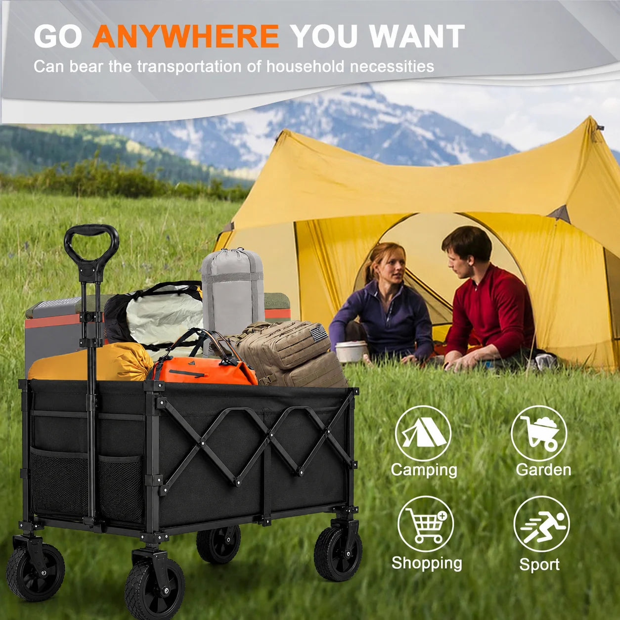 Collapsible Folding Wagon Cart, 480 lbs Heavy Duty Utility Wagon with Large Wheels, Adjustable Pull Handle and Side Cup Holders, Portable Garden Cart for Shopping, Camping, Sports Gear and Outdoor Use
