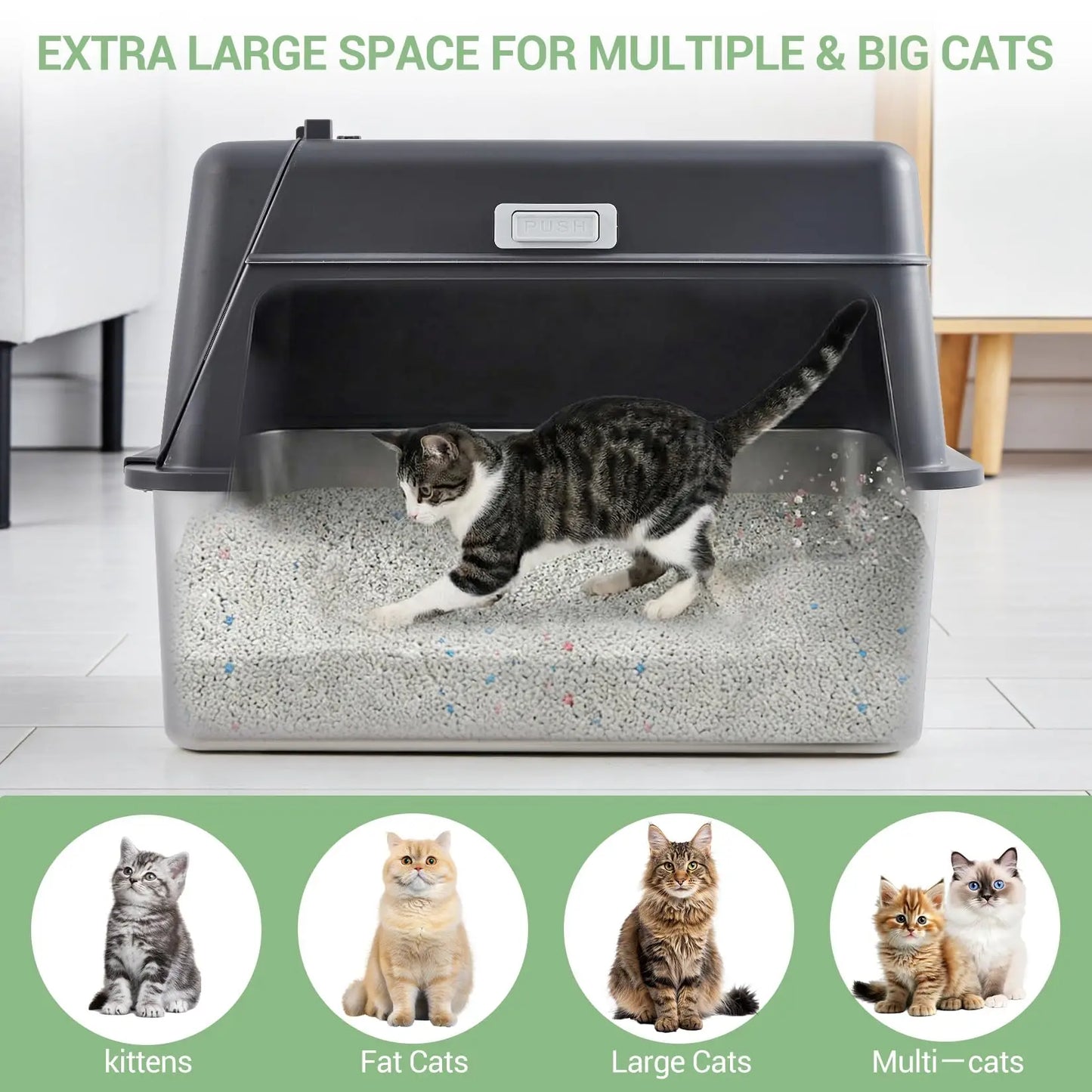 Stainless Steel Covered Cat Litter Box with Lid, Large Enclosed Metal Litter Box with Top Entry & Front Entry