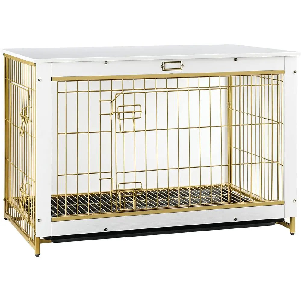 Dog Crate Furniture, 38.6" Large Dog Kennel Indoor, Wooden Cage with Pull-Out Tray, Double Doors Pet House Side End Table for Large Dog