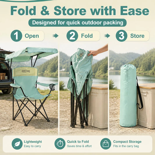 Portable Beach Chair with Cup Holder & Side Pocket, Duty Lawn Chair with Carry Bag for Camping, Beach, Fishing, Patio, Hiking, Outdoor Folding Camping Chair with Adjustable Canopy