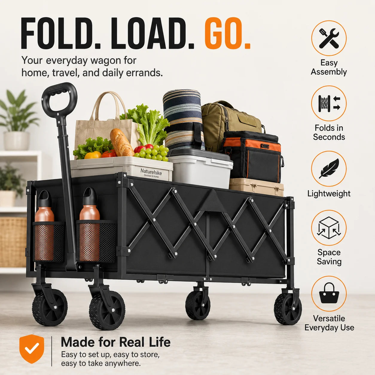 460 lbs Heavy Duty Foldable Wagon, Folding Utility Wagon with All Terrain Wheels, Adjustable Handles and Side Bags, Portable Outdoor Cart for Camping, Grocery, Garden, Sports and Beach