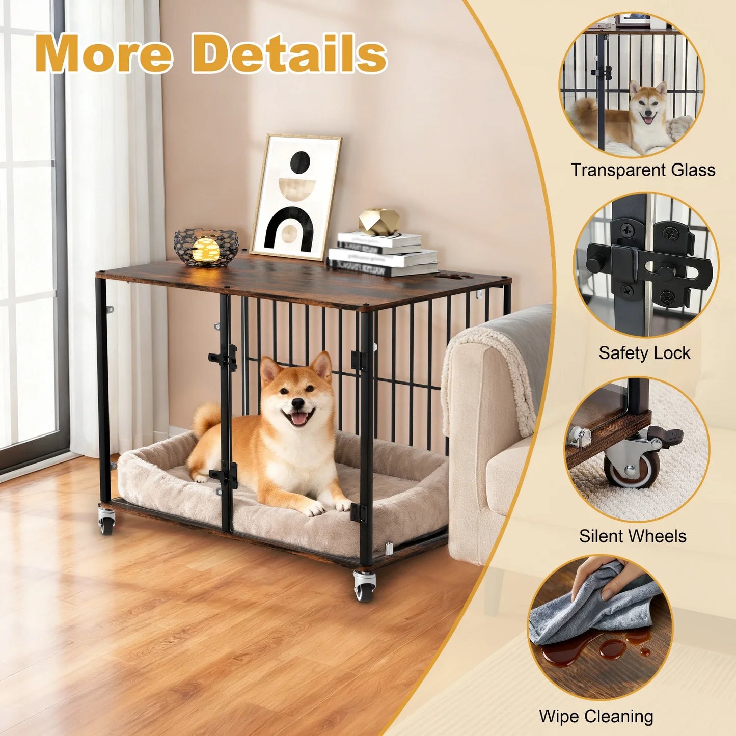 Dog Crate Furniture-Style Cages for Small and Medium Dog Rolling Tempered Glass Pet Kennels End Table Anti-bite
