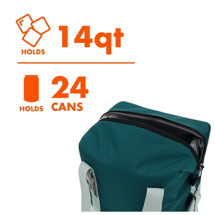 24-Can 14 QT Soft-Sided Folding Cooler With Built-In Bottle Opener for Outdoor Use, Polyester Fabric, Teal Color, Lightweight