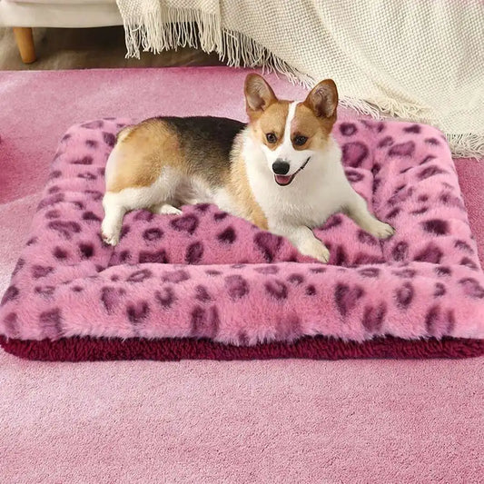 1pc Leopard Print Plush Pet Mat, Reversible Plush Pet Mat Ultra Soft Dog Cat Crate Mat Sleeping Cushion Pad Machine Washable
