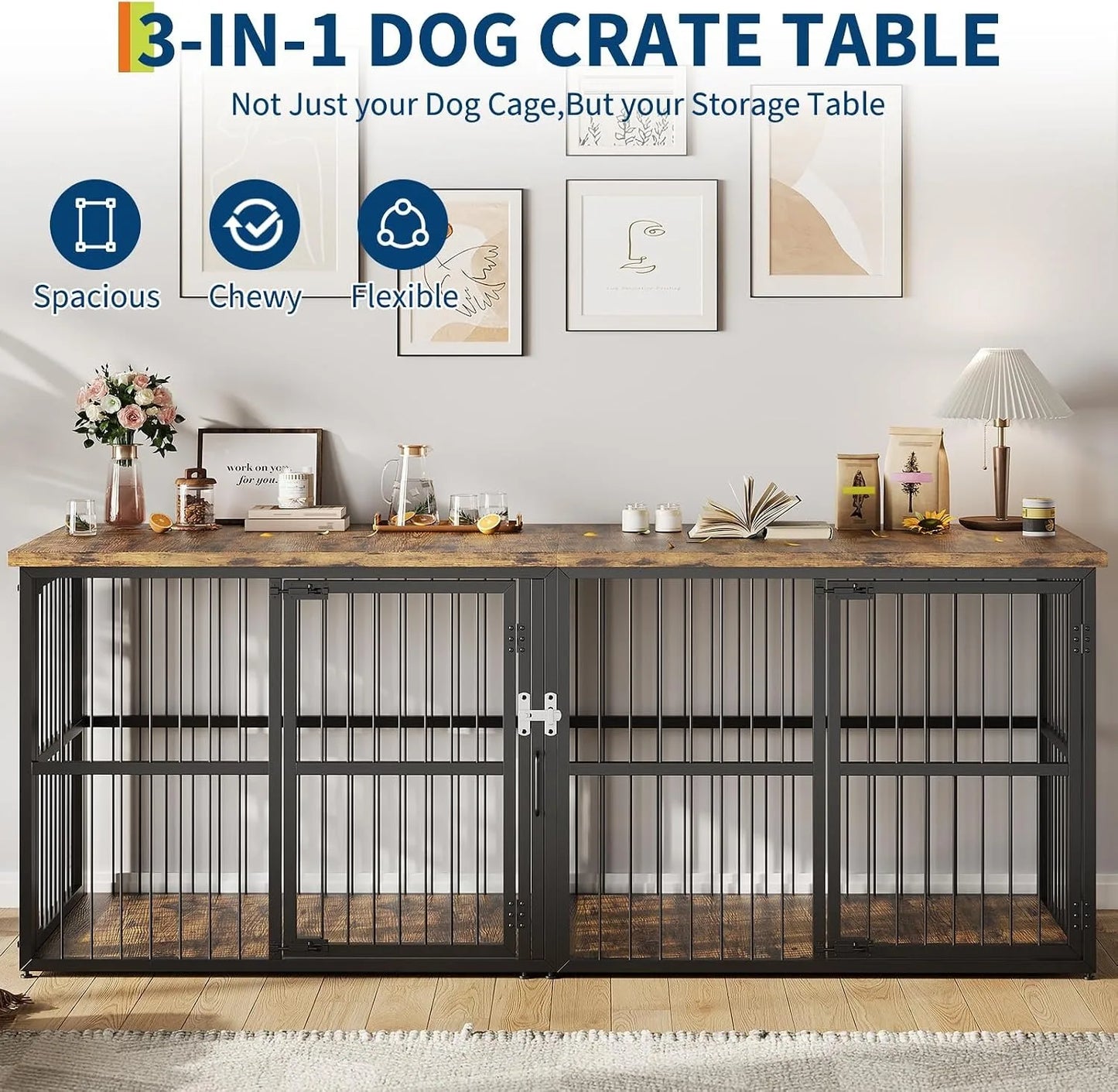 87 Inch Extra Large Double Dog Crate Furniture with Divider 3 Doors Heavy Duty Wooden Indoor Dog Kennel Cabinet TV Stand for 2 Dogs Lockable Pet House with Storage Table