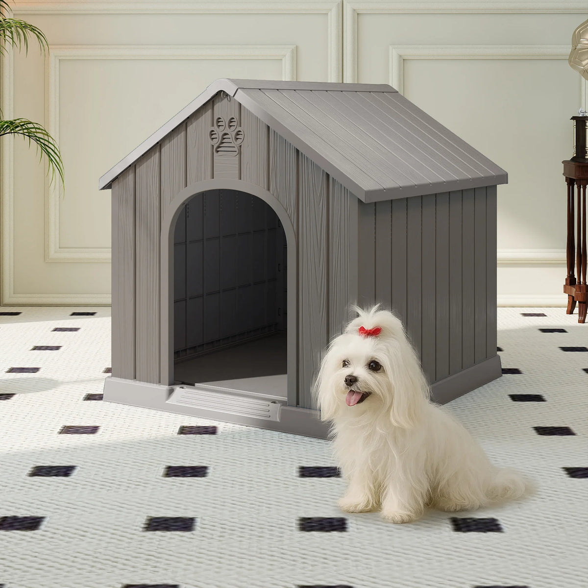 Outdoor Weather‑Resistant Plastic Dog House, Waterproof Ventilated Dog Kennel with Decorative Door Pattern for Backyard Garden Patio