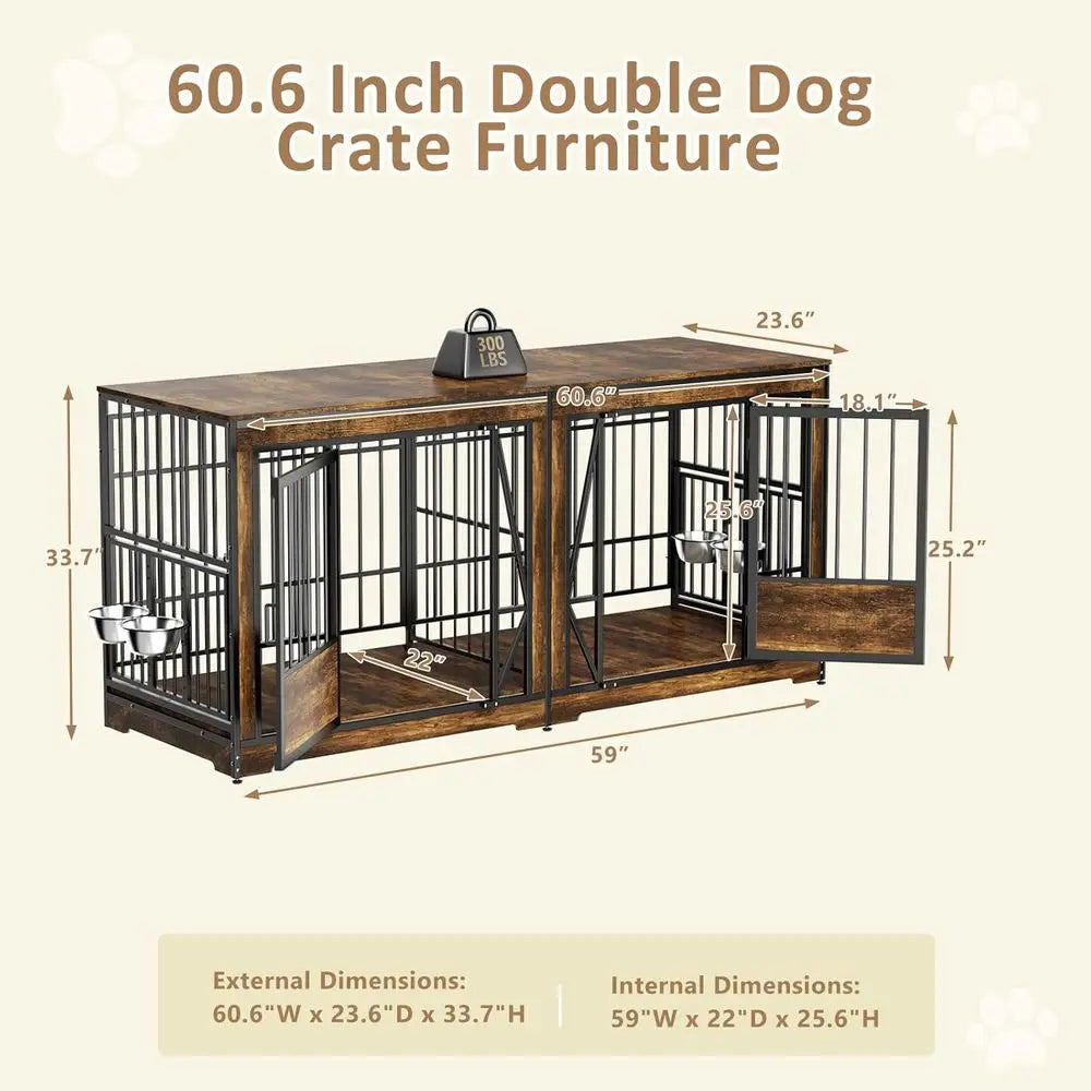 XL Double Dog Crate Furniture, TV Stand with Adjustable Divider, 4 Bowls, Suitable for Medium to Small Breeds, Brown