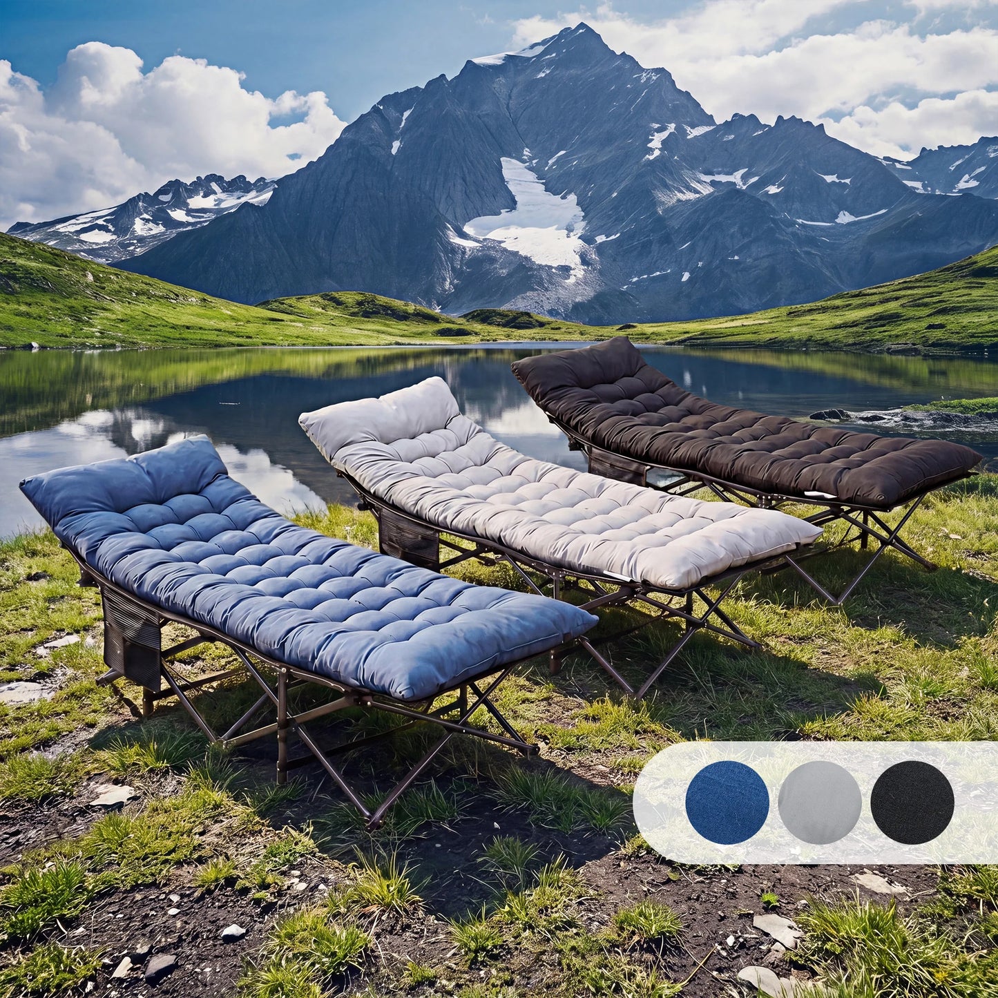 Folding Camping Makeshift Bed Beach Lounge Chair Portable 3.5'' Cushion 440 lbs Sturdy Frame Compact Carry With Storage Bed for Outdoor Camping Hiking
