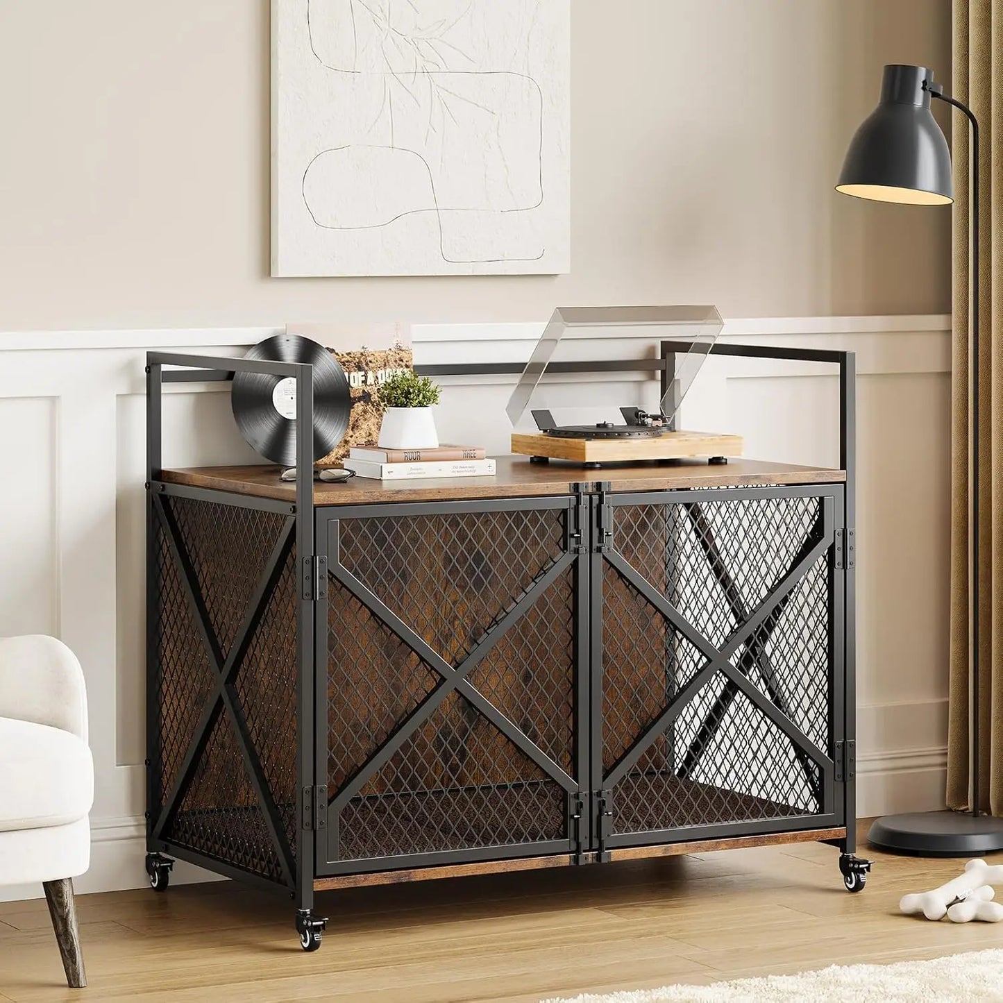 Heavy Duty Dog Cage with Lockable 360° Wheels Double Door Dog Kennel End Table for Small Medium & Large Dogs Crate Furniture