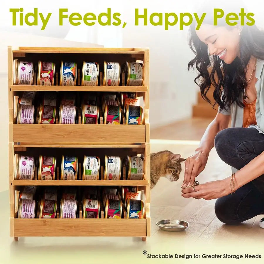 Upgraded Cat Food Organizer, Cat Food Can Organizer, Can Organizer for Pantry, Cat Food Storage, Bamboo, Holds 36 3oz Cans