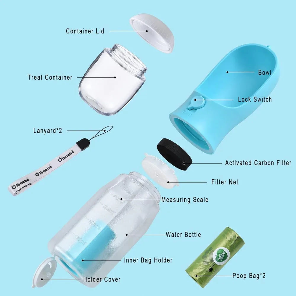 Dog Water Bottle with Food Container & Poop Bag Holder, Leak-Proof Travel Bowl, Portable Pet Dispenser for Walking Hiking, Puppy Essentials