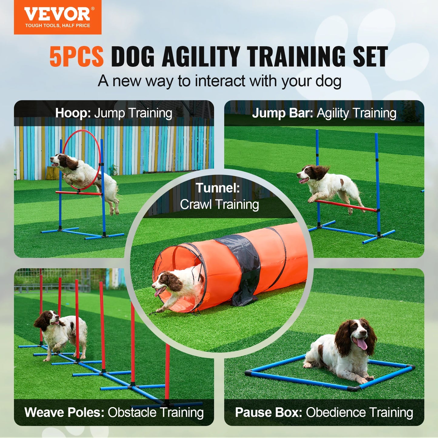 Dog Agility Training Equipment 5 PCS Set Upgrade with Adjustable Hurdles Extend Tunnel Puppy Obstacle Course Kit with Bag