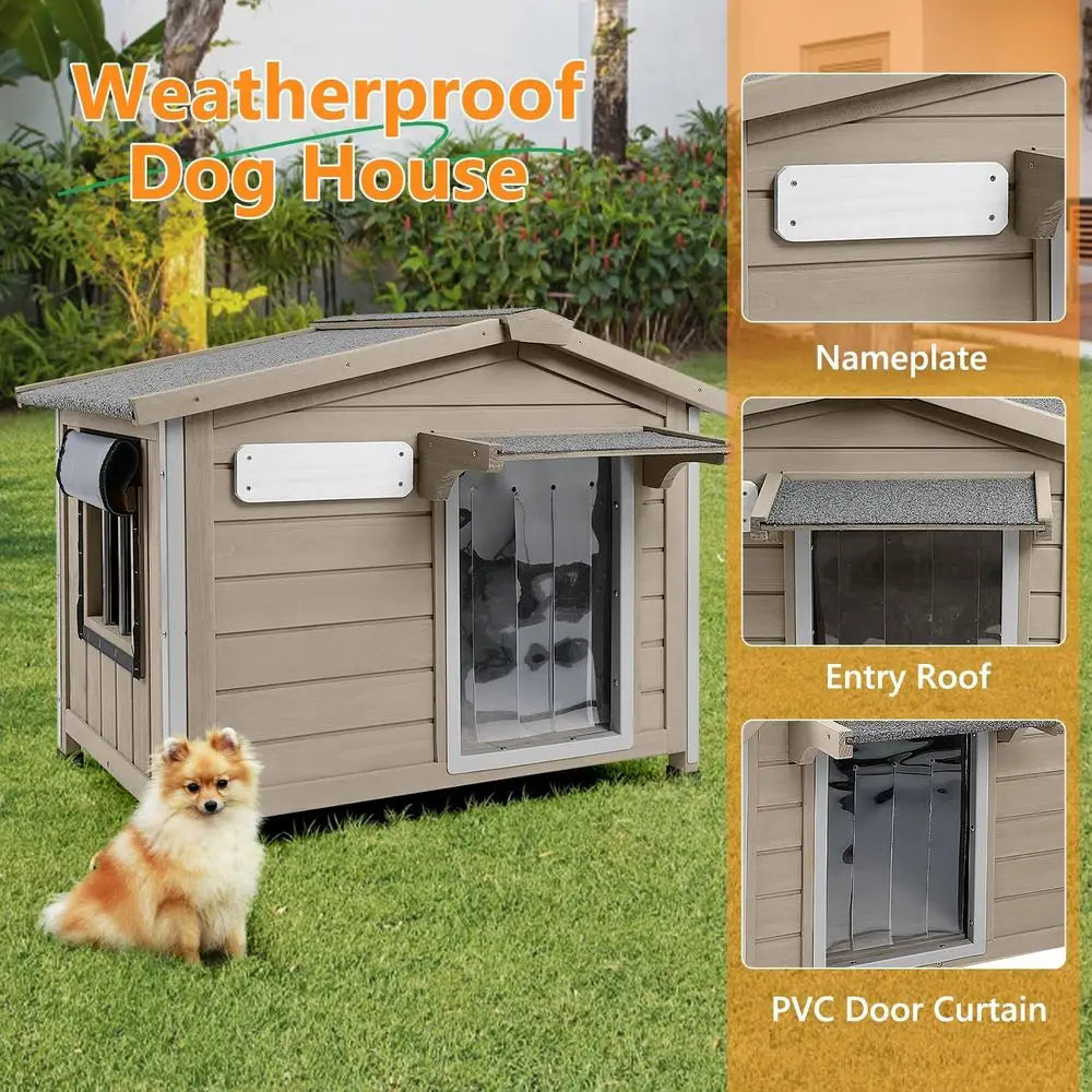 Indoor/Outdoor Dog House with Chew-Resistant, Weatherproof Roof, Window for Small to Medium Dogs