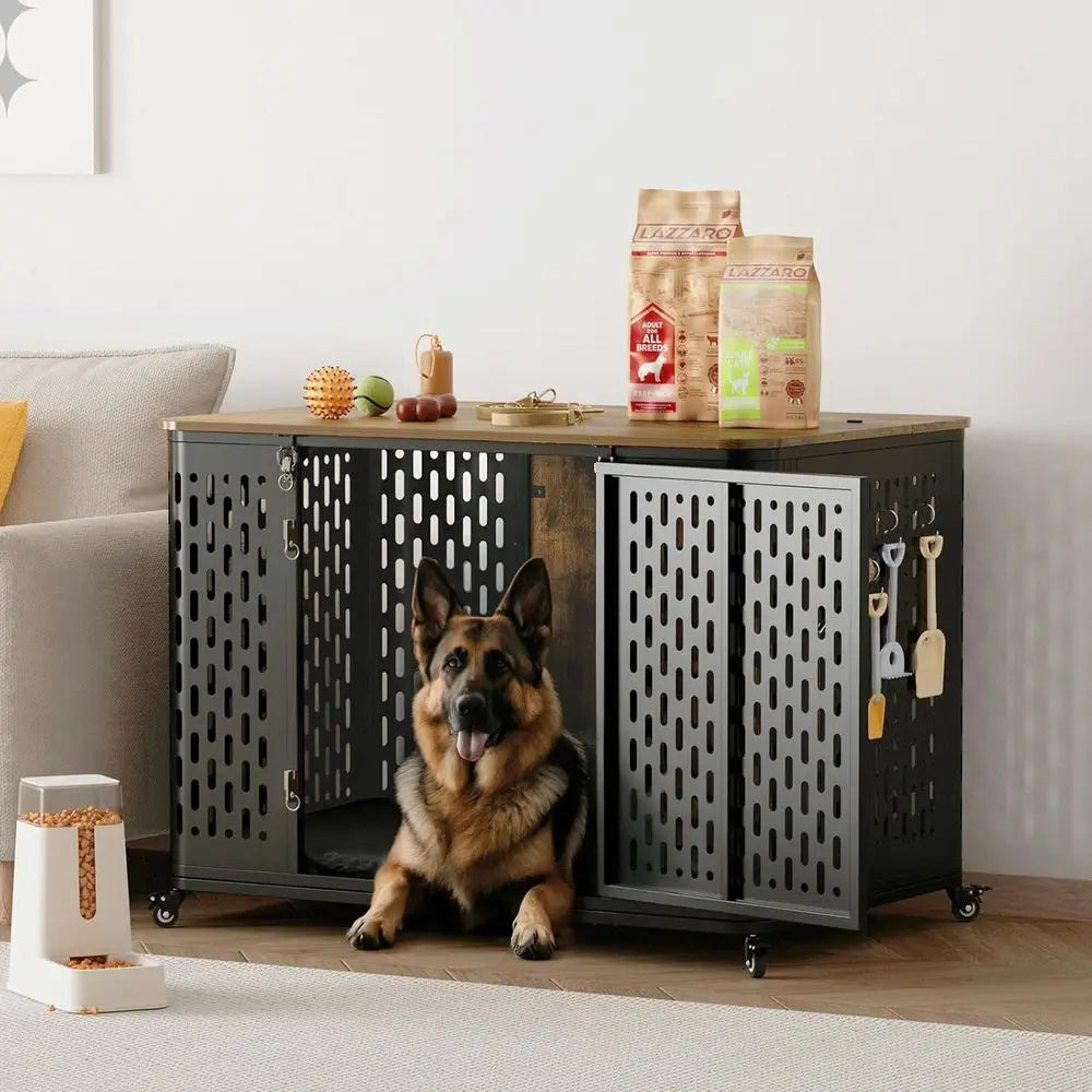 Heavy-Duty Dog Crate Furniture or Large and Medium Dogs, 43.7 Inch Large Dog Crate Kennel with Flip Top & Cushion & Wheels
