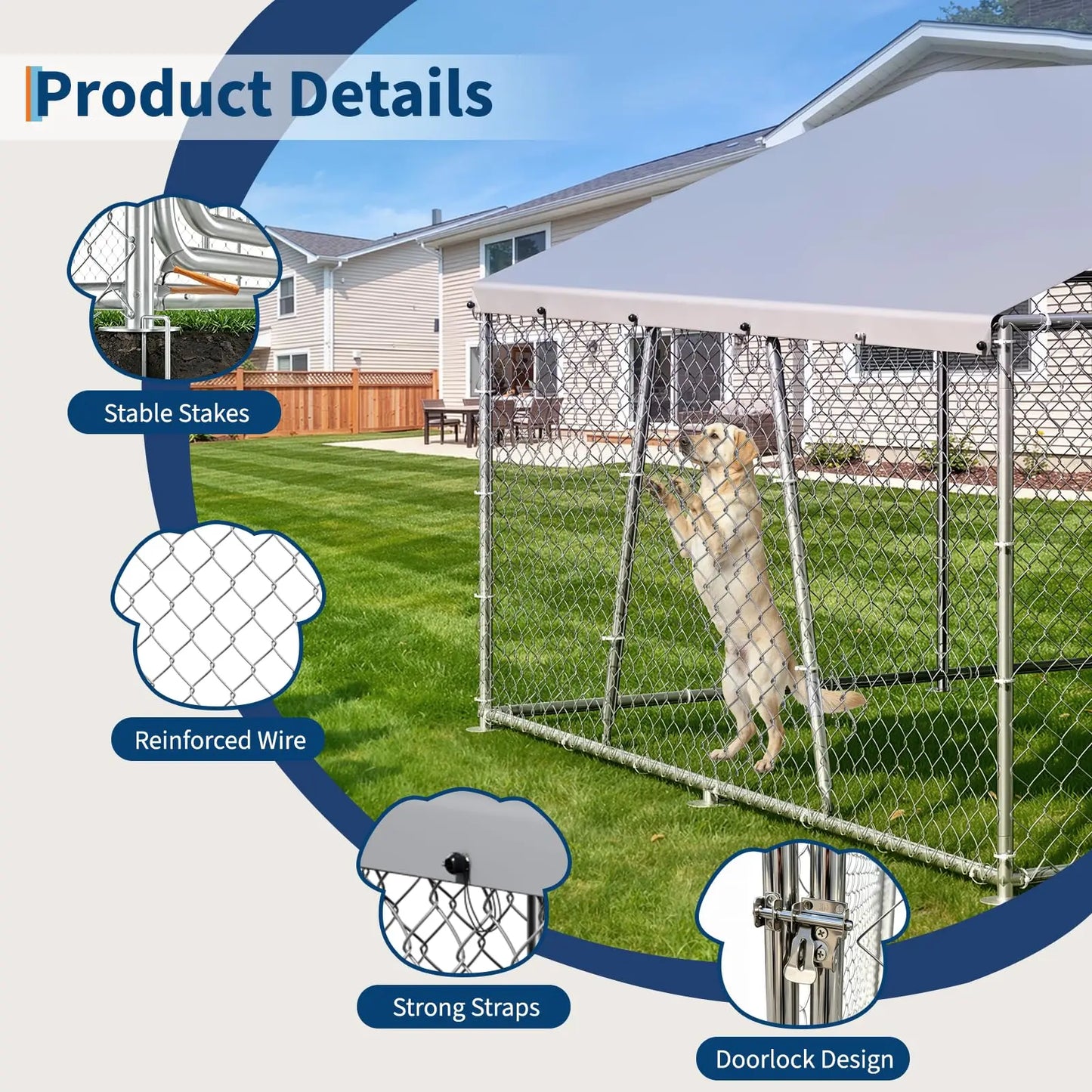 10 x 10 x 5.9FT Outside Dog Enclosure With PE Waterproof Roof, 360° Feeding Door, Heavy Duty Lockable Galvanized Kennel