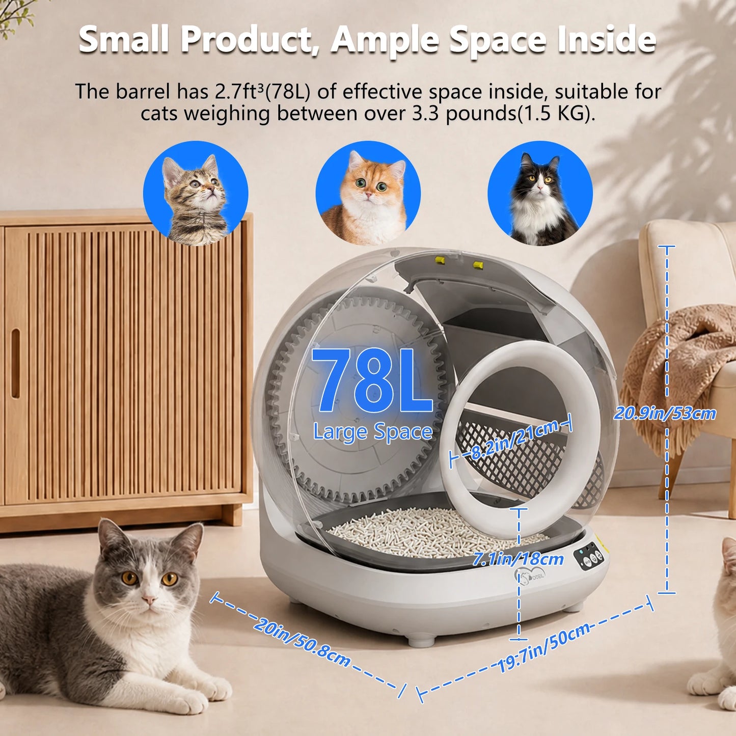 Smart Self-Cleaning Cat Litter Box With App Control, Only Supports 2.4G WiFi, 78L Capacity, Includes Trash Bags, 4 Sets Of Gravity Sensors For Cat Safety Compatible With Tofu & Mixed Litters, Automatic Cat Litter Box