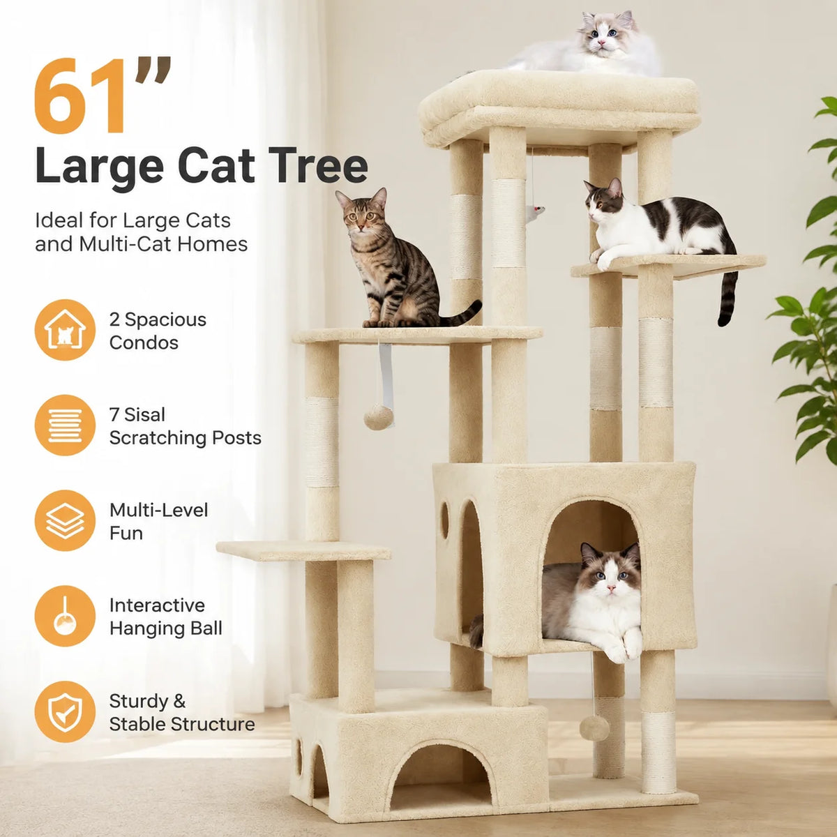 61-Inch Large Cat Tree Tower with 7 Scratching Posts, 2 Cat Condos, Top Perch Multi-Level Cat Climbing Tree Furniture with Hanging Toys Anti-Toppling Design for Indoor Cats Multi Cat Homes