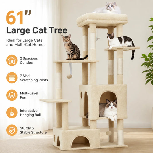 61-Inch Large Cat Tree Tower with 7 Scratching Posts, 2 Cat Condos, Top Perch Multi-Level Cat Climbing Tree Furniture with Hanging Toys Anti-Toppling Design for Indoor Cats Multi Cat Homes