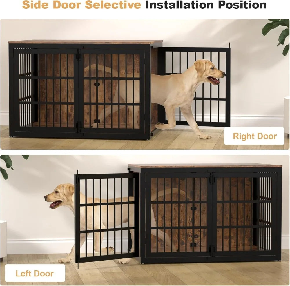 48" Heavy Duty Wooden Dog Crate Furniture for Extra Large Dogs, XXL Kennel with Side Door, Pet End Table, Black & Brown