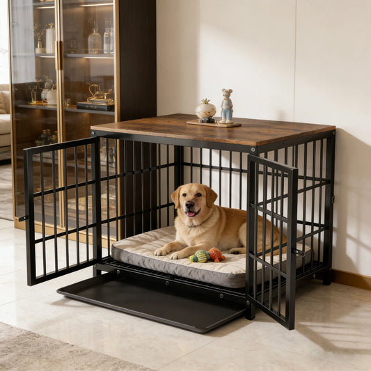 M/L/XL/2XL Dog Crate Cage Furniture Wooden Pet Kennel Table with Three Doors and Removable Tray Decorative Side End Table