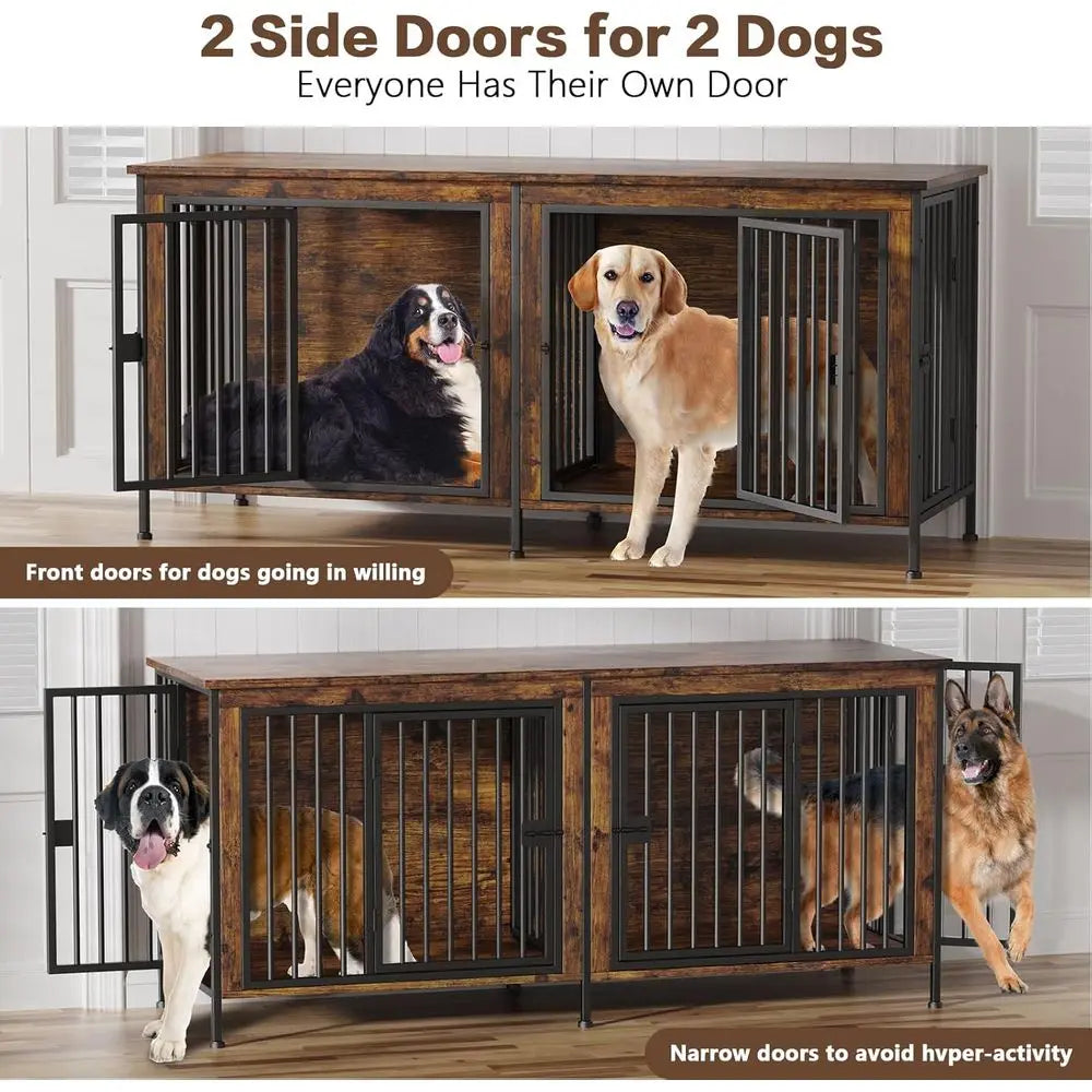 Sturdy Double Dog Crate Furniture, TV Stand Style, Suitable for 35-60 lb Dogs, Brown