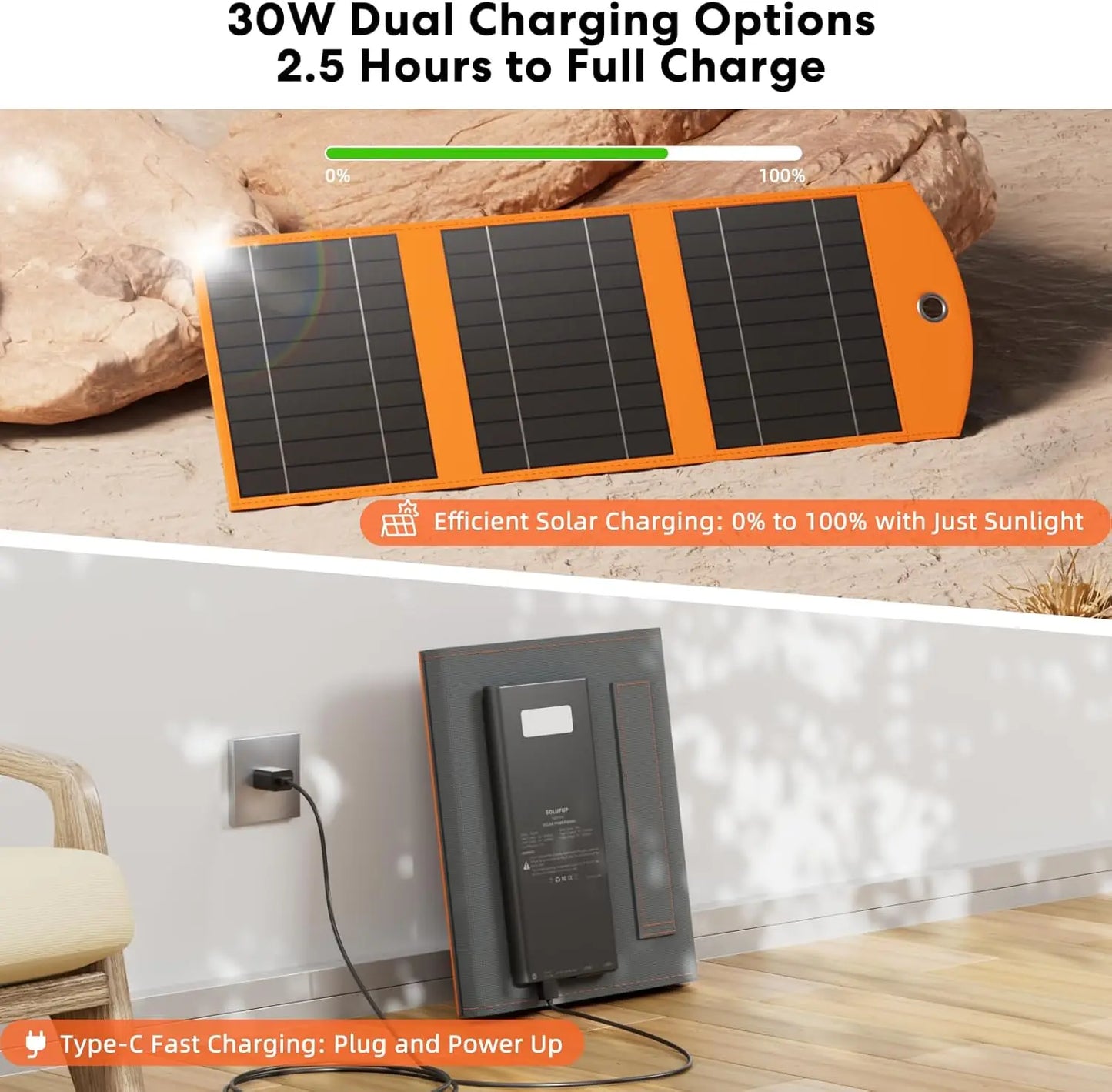Solar Charger Power Bank 10000mAh, 30W Foldable Portable Solar Panel with Fast Charging, IPX5 Waterproof for Camping Outdoor Use