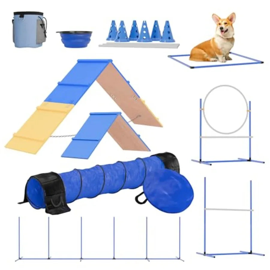Dog Agility Training Equipment Complete Backyard Agility Course Set w/Adjustable A-Frame Ladder, Weave Poles, Cones, Jump Hoop,
