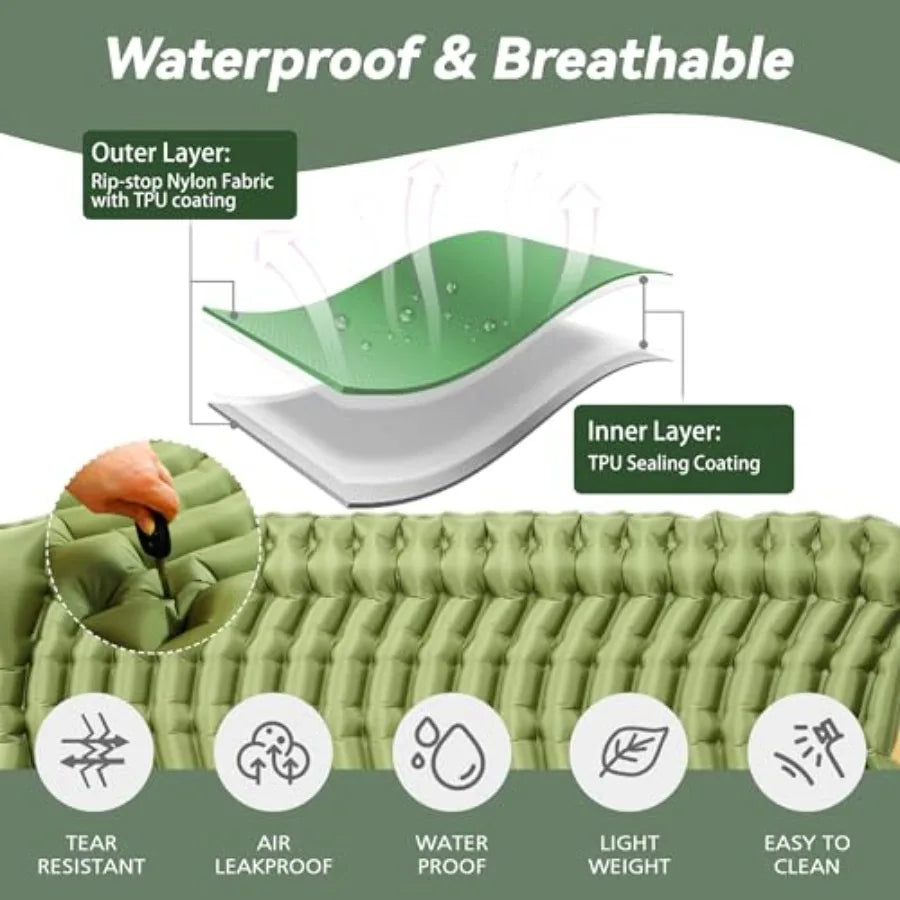 Double Sleeping Pad for Camping - Ultralight Camping Mattress with Pillow Built-in Feet Pump Compact Inflatable 2-Person Portable
