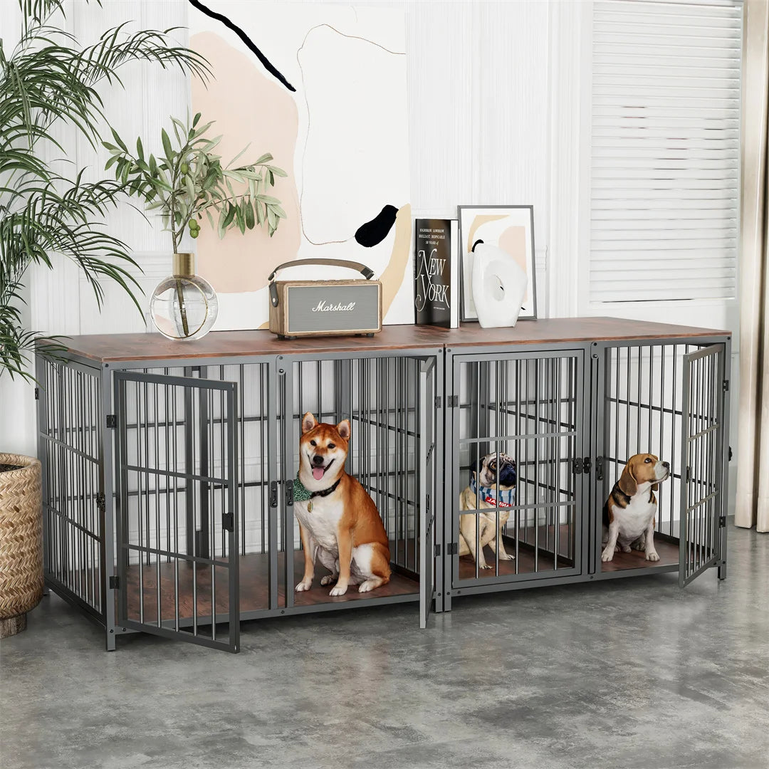 Heavy-Duty Wooden Dog Crate Furniture Side Table, Pet Kennel with 4 Doors & Lock Latches for Small/Medium Dogs