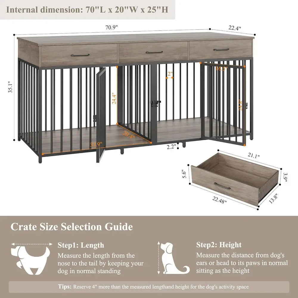 71 Wide Indoor Dog Kennel with 3 Doors, Suitable for 2 Large/Medium Dogs, Heavy Duty Cage with Removable Divider, Wooden Pet House