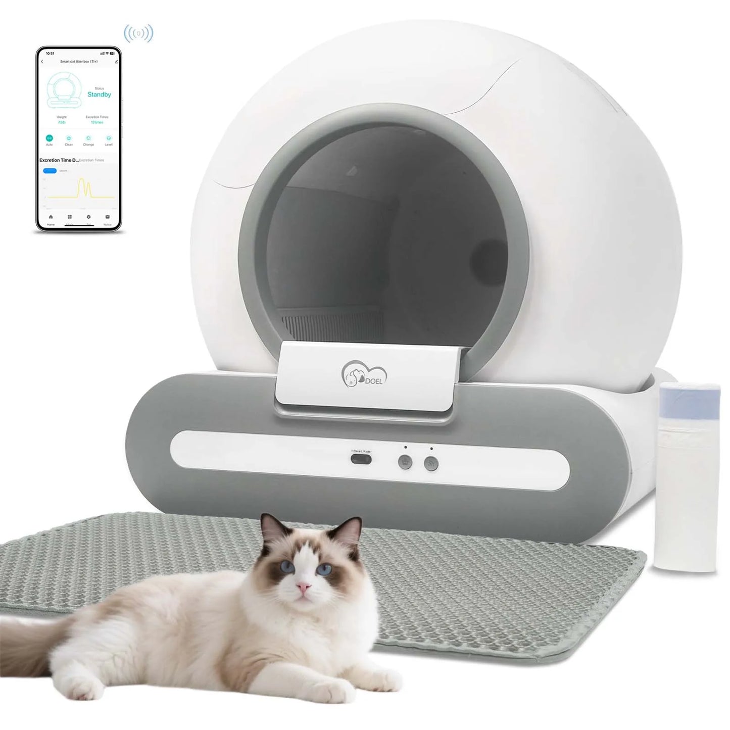 65L Self-Cleaning Cat Litter Box App Control, ONLY Supports 2.4G WiFi w/Litter Mat & Trash Bags, Fit for Tofu & Mixed Litter
