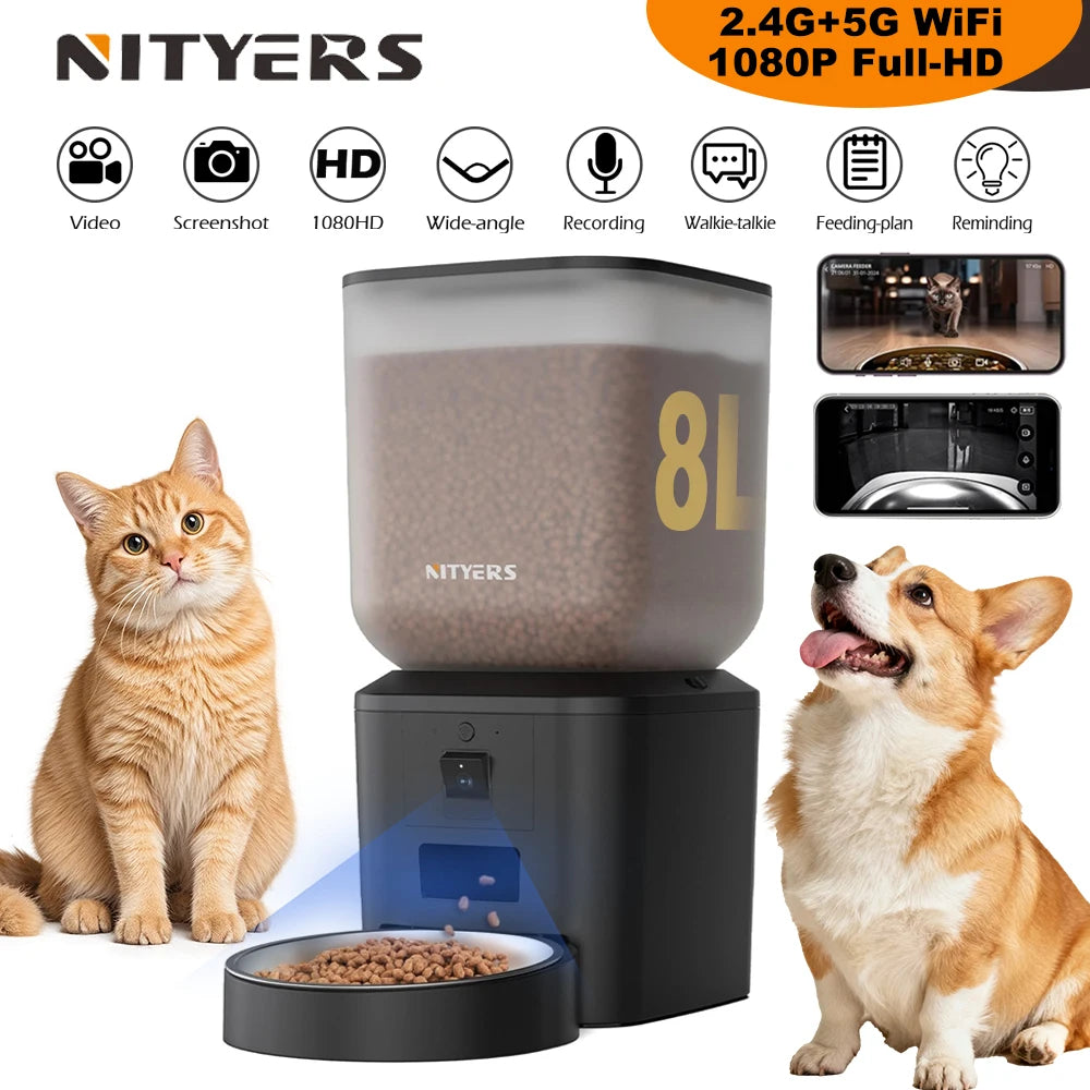 8L Automatic Cat Feeder With 1080p Camera Video 5G WiFi Night Vision Cat Food Dispenser Smart APP Pet Auto Feeder