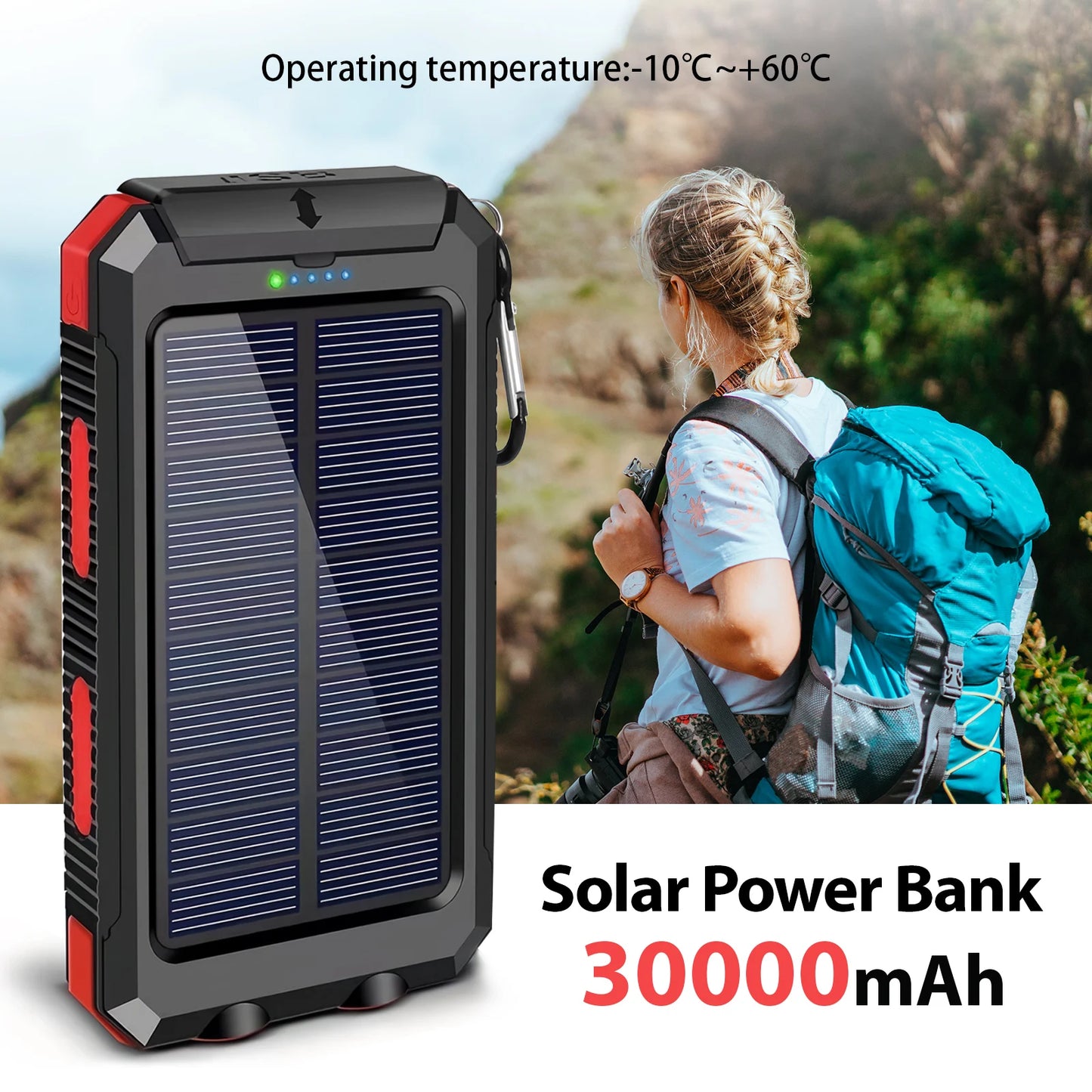 30000mAh Solar Power Bank Portable Charging Powerbank Dual 5V USB Ports 2 LED Light Flashlight for IPhones Outdoor Camping Hiking