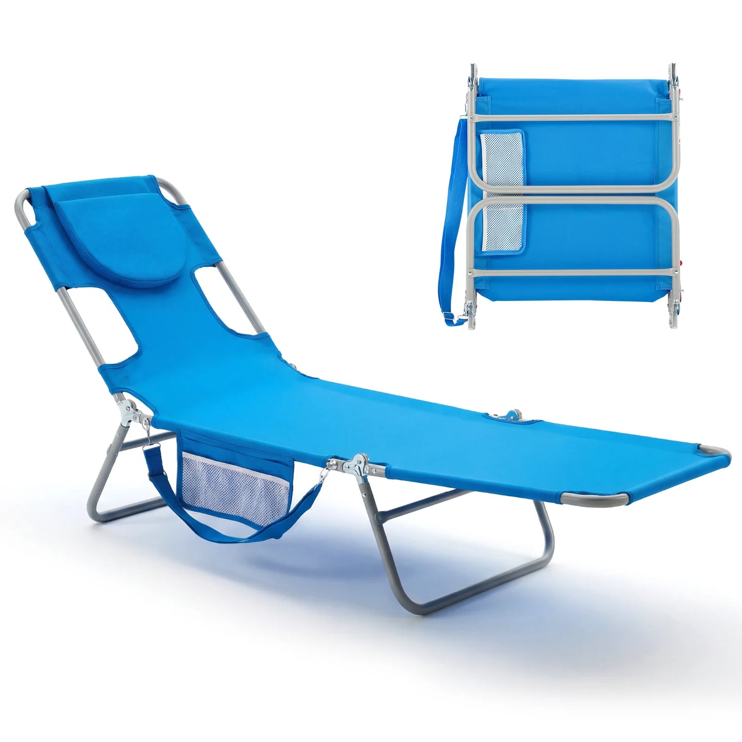 5-Position Adjustable Recline Beach Lounge Chair Portable Folding Sun Chairs with Face Arm Holes Max Load 225 LBS for Patio