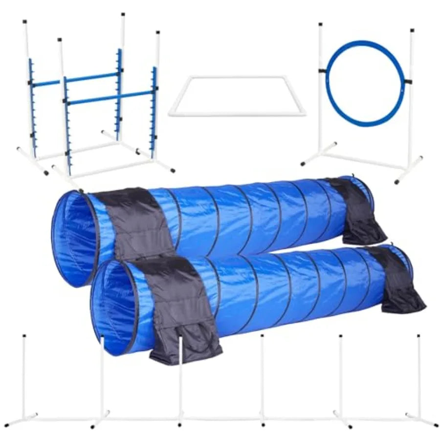 Elite Agility Set for Dogs w/Safety-Focused Features 7Pc Agility Kit 2 Bar Jumps w/Cup Strips Breakaway Tire Jump 6 Weave Poles
