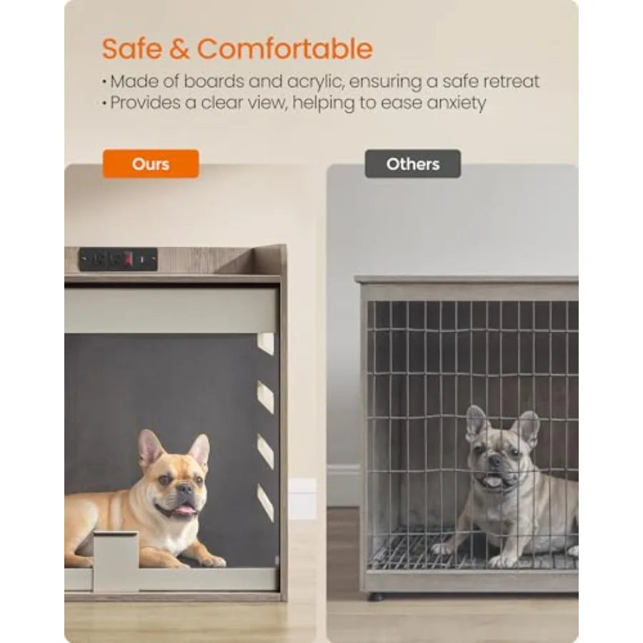 Modern Dog Crate Furniture with Charging Station, Medium Kennel Indoor with Flip-up Hidden Acrylic Door, for Small and Medium Dogs