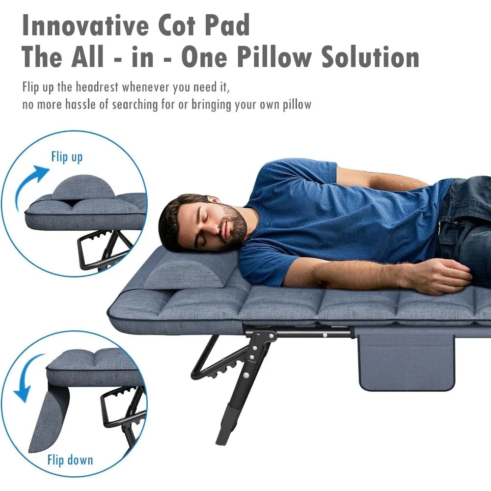 Folding Camping Cot for Adults with Padded Mattress & Pillow, Adjustable Reclining Lounger, Ideal for Camping, Travel, Garden, Office