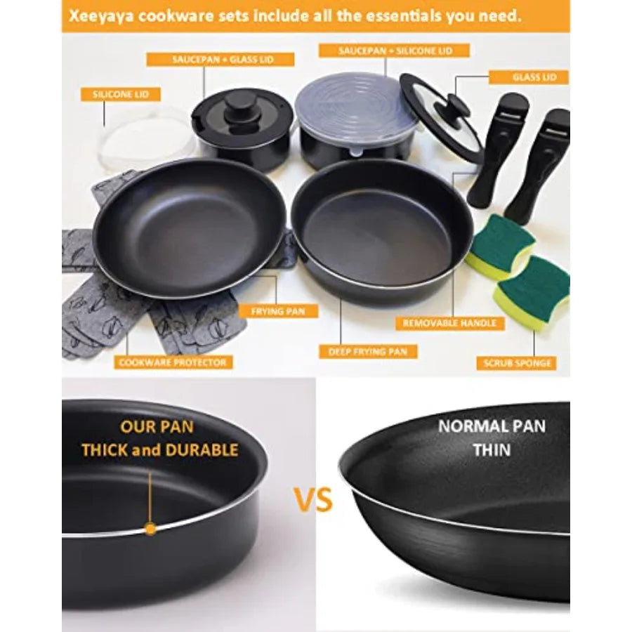 16 Pieces Kitchen Removable Handle Cookware Sets, Stackable Pots and Pans Set Nonstick for Induction, Gas, RVs, Camping Space Saving