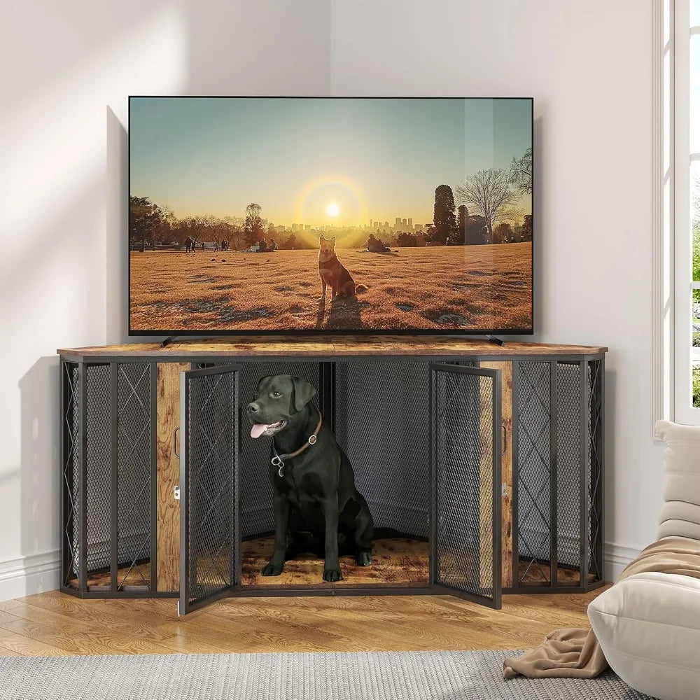 67" Corner Dog Crate Furniture for Large Breed, Large Wooden Dog Kennel Furniture with 2 Doors, Decorative Crate