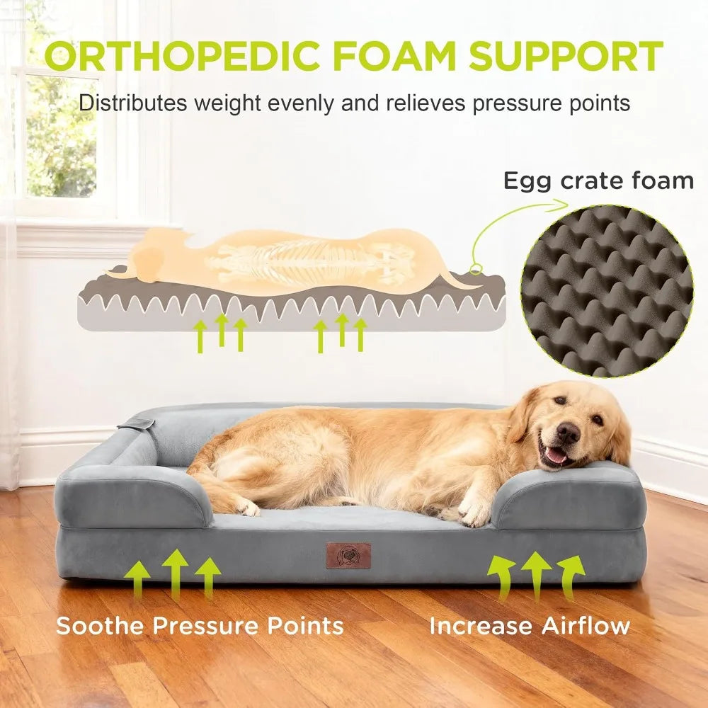 Orthopedic Dog Bed for Extra Large Dogs, Memory Foam Pet Sofa with Bolster, Washable Cover, Non-Slip, 42x30 Inch, Grey