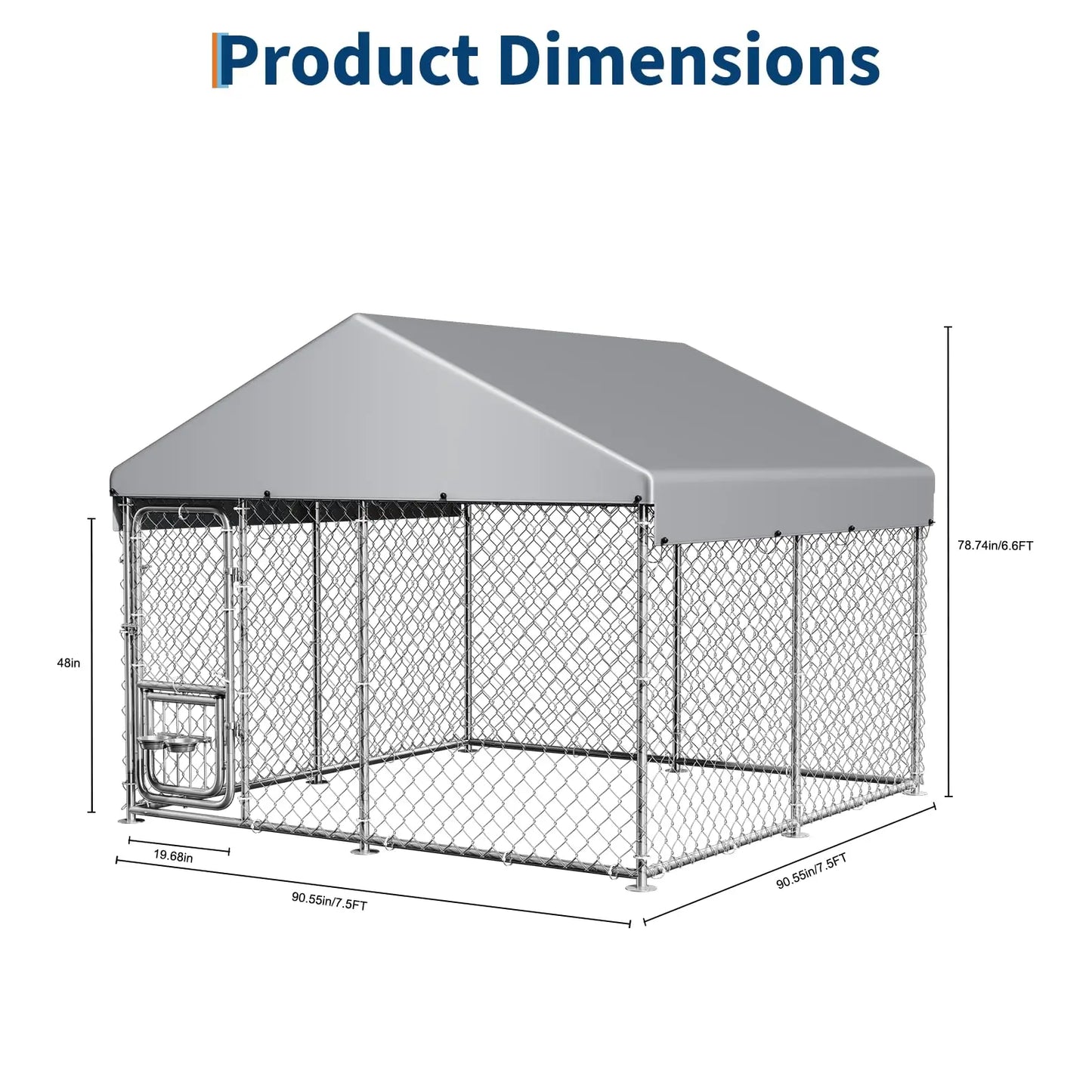 Heavy Duty 7.5 FT x 7.5 FT x 6.6 FT Outdoor Dog Kennel With Roof Cover, Lockable Feeding Door Dog Run For Large Dogs