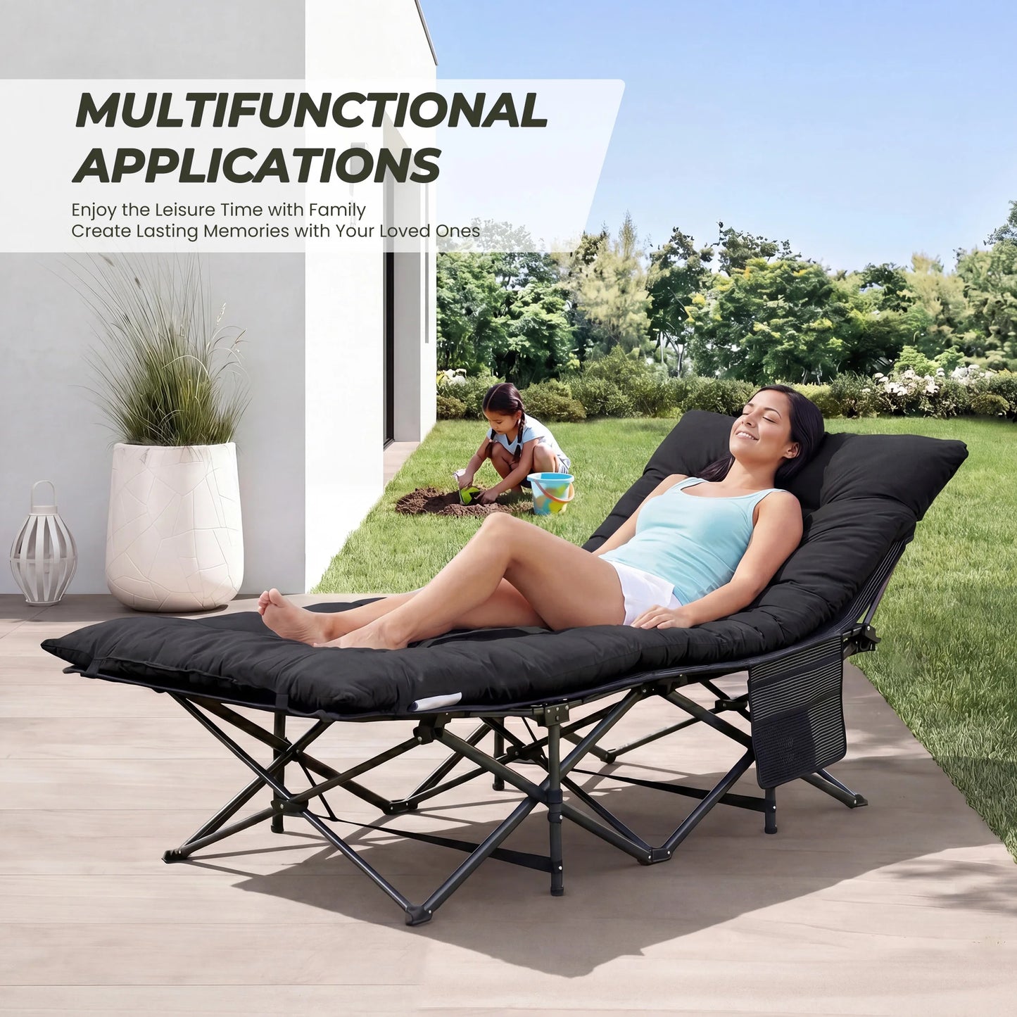 Folding Camping Beach Lounge Chair Portable 3.5'' Cushion 440 lbs Sturdy Frame Compact Carry With Storage Bed for Outdoor